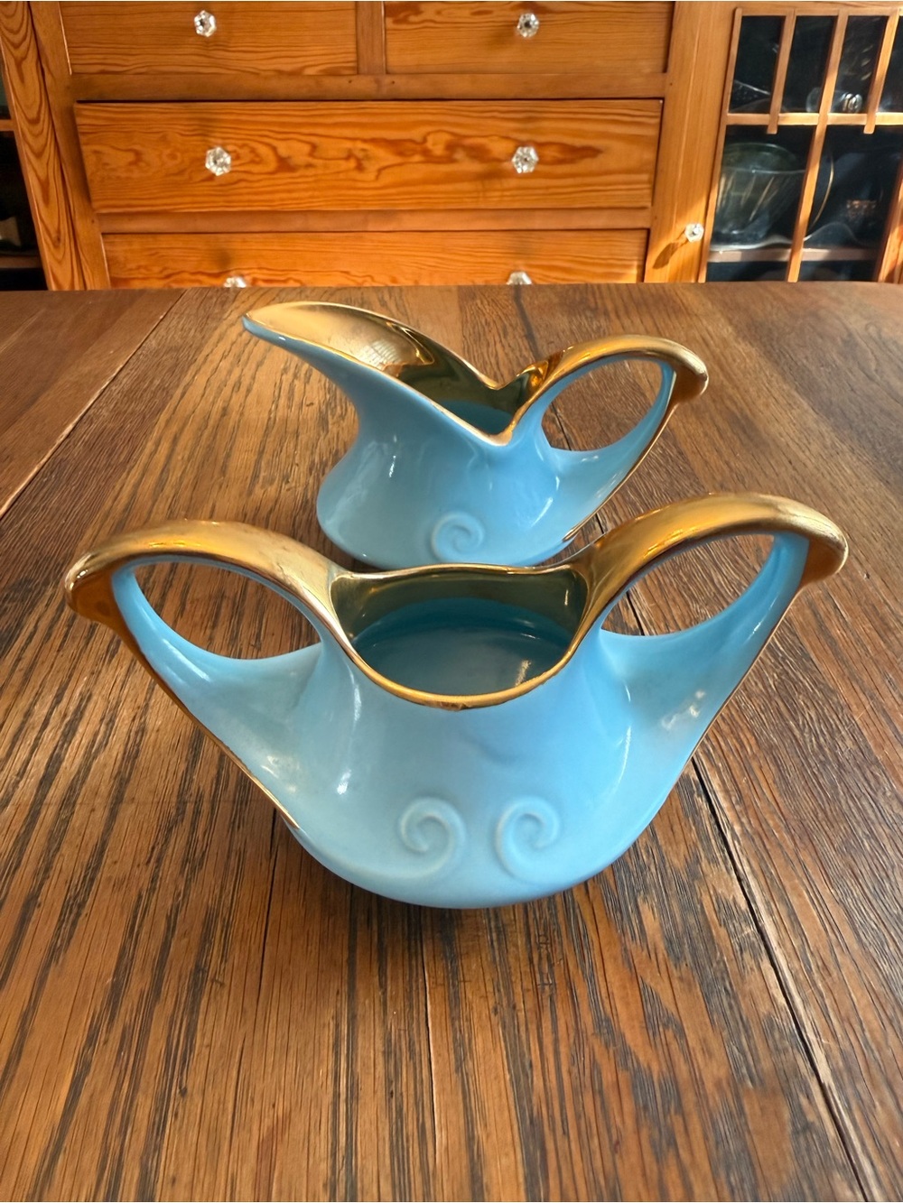 Vintage MCM Blue and 22K Gold Creamer & Sugar Bowl Set